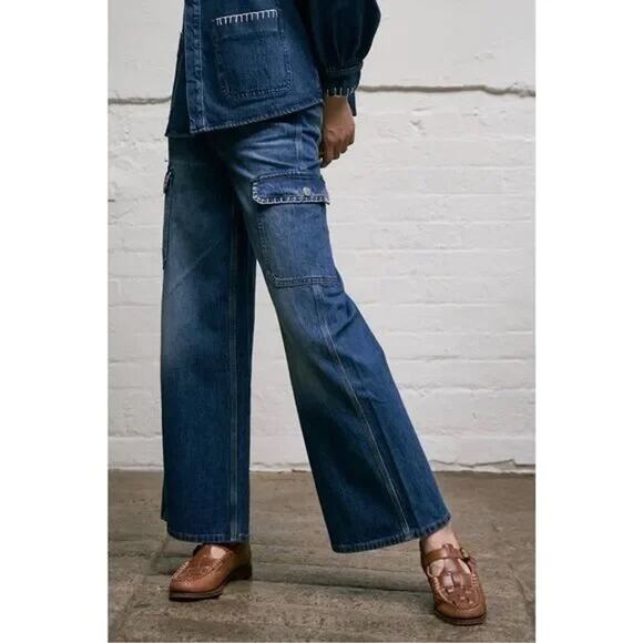 Anthropologie Seventy+Mochi Frankie High-Rise Wide-Leg Cargo Jeans 29 Embroidery - Picture 1 of 9